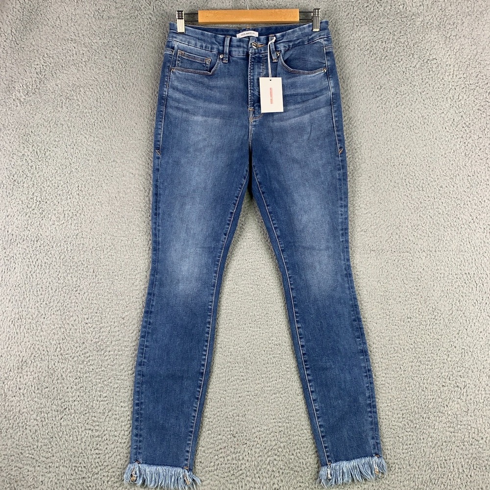 NWT Good American Good Legs Jeans Womens 10/30 Blue Skinny Denim Frayed Hem $169